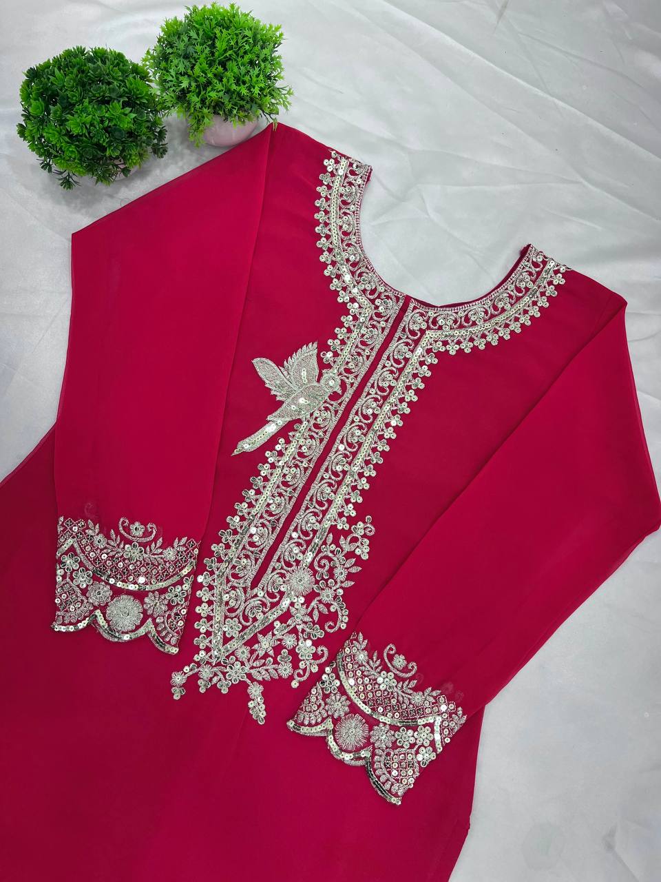 Hot Pink Embroidered Sharara Suit with Heavy Silver Zari Work and Net Dupatta