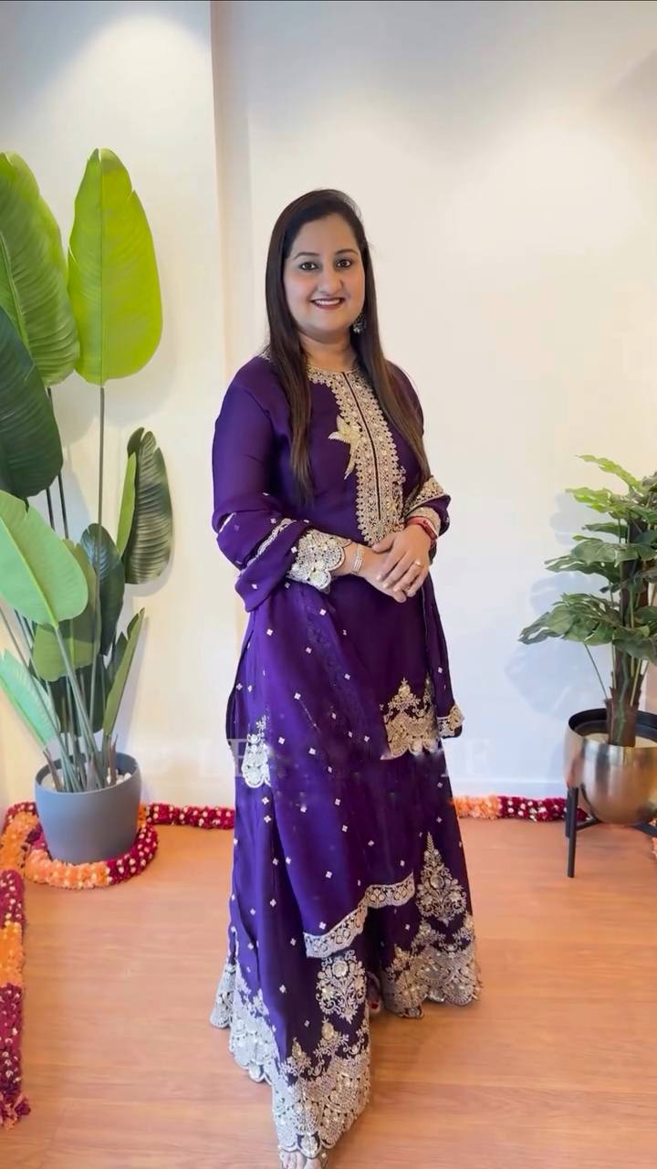 Purple Embroidered Sharara Suit with Heavy Silver Zari Work and Net Dupatta