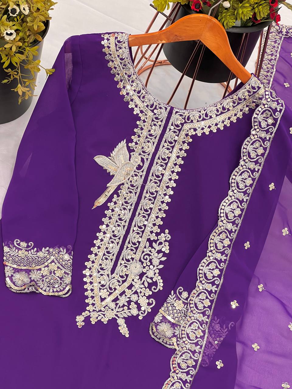 Purple Embroidered Sharara Suit with Heavy Silver Zari Work and Net Dupatta