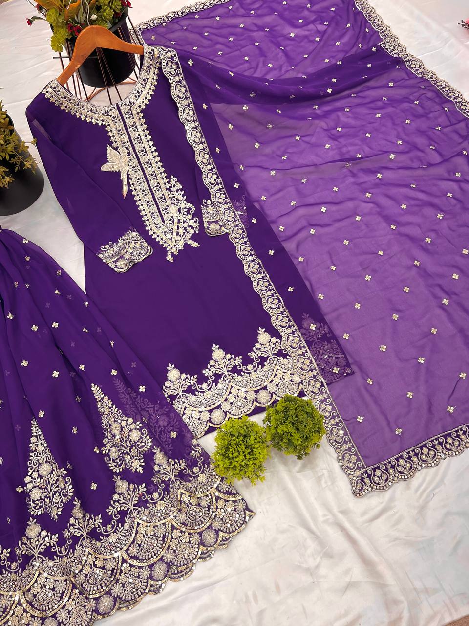 Purple Embroidered Sharara Suit with Heavy Silver Zari Work and Net Dupatta