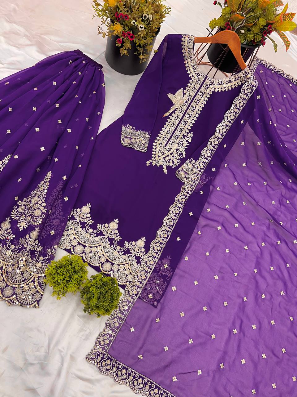 Purple Embroidered Sharara Suit with Heavy Silver Zari Work and Net Dupatta