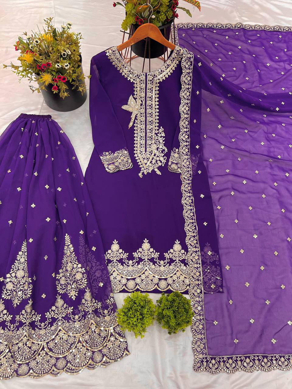 Purple Embroidered Sharara Suit with Heavy Silver Zari Work and Net Dupatta