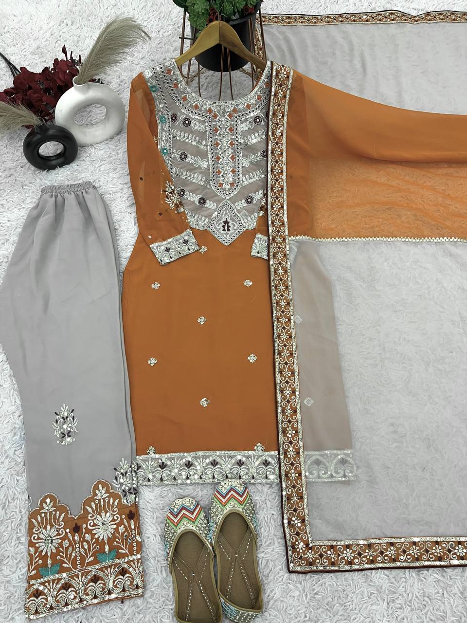 Burnt Orange and Grey Embroidered Palazzo Suit with Heavy Neck Patchwork and Dual-Tone Dupatta