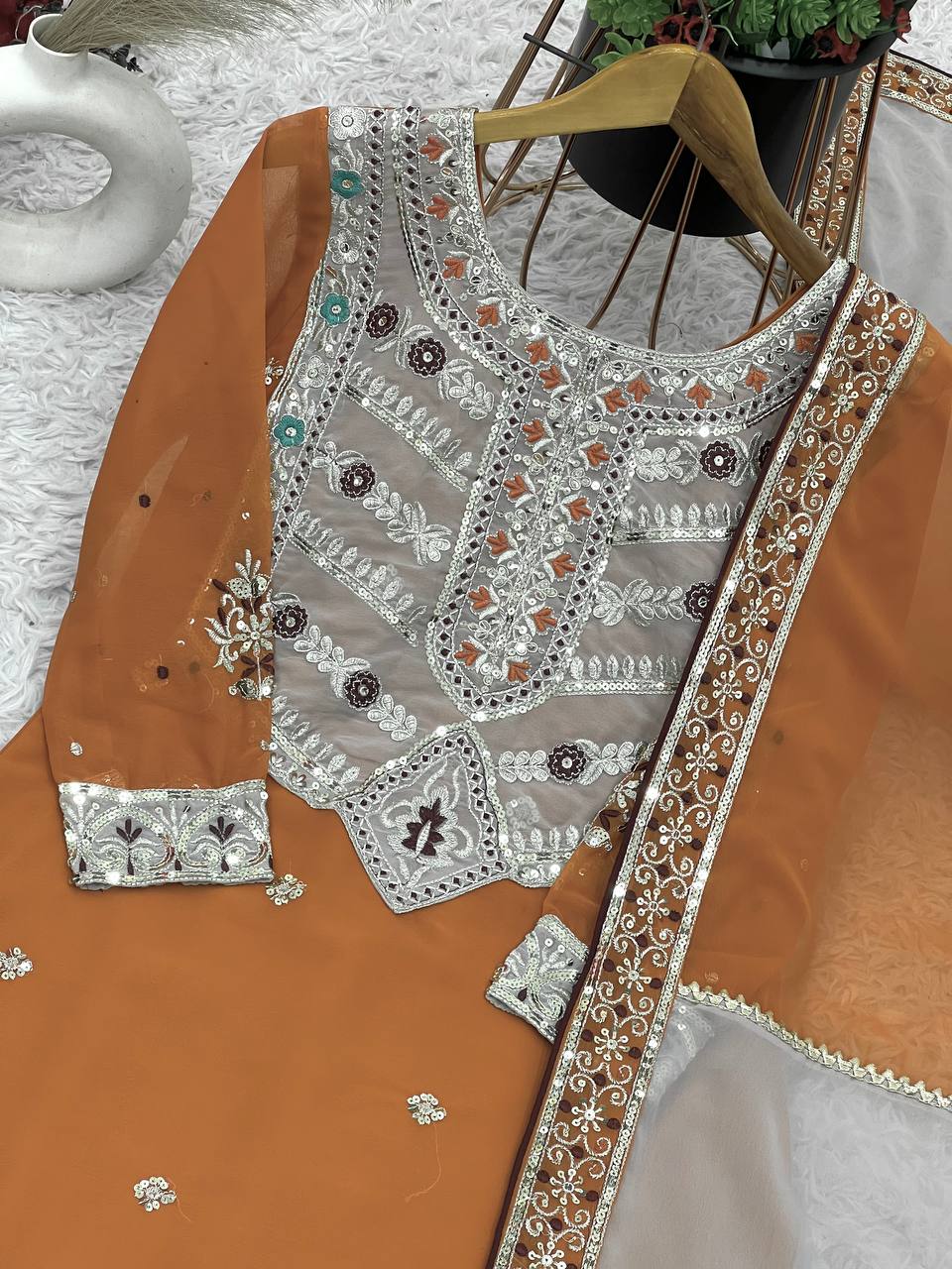 Burnt Orange and Grey Embroidered Palazzo Suit with Heavy Neck Patchwork and Dual-Tone Dupatta