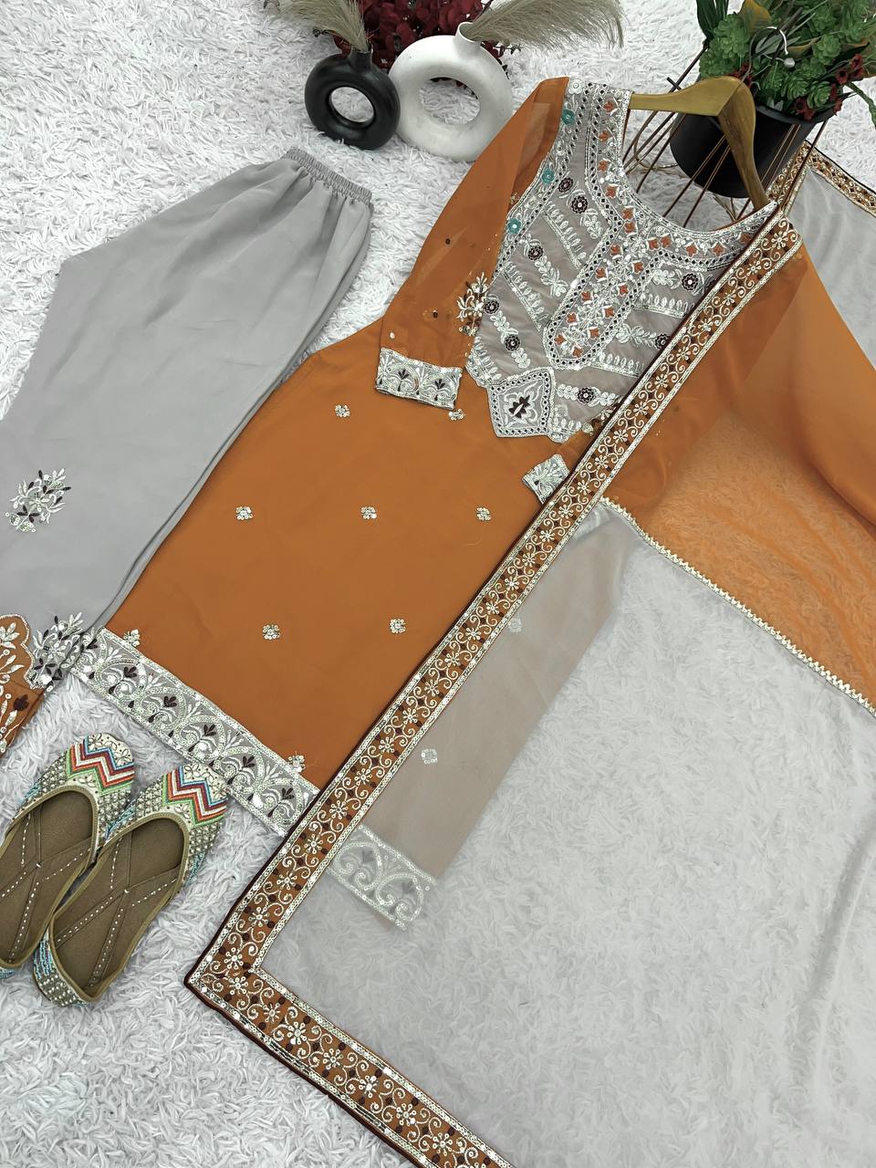 Burnt Orange and Grey Embroidered Palazzo Suit with Heavy Neck Patchwork and Dual-Tone Dupatta