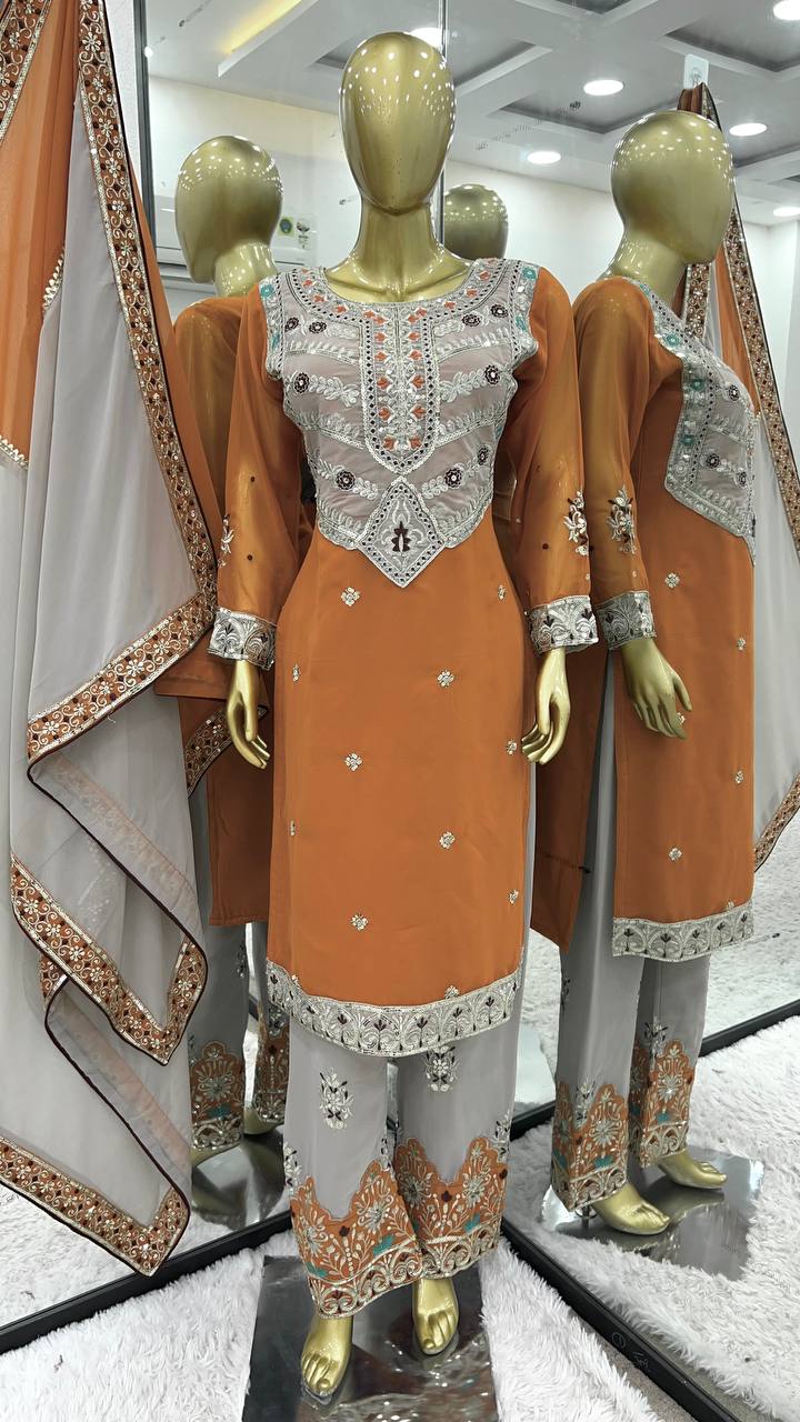 Burnt Orange and Grey Embroidered Palazzo Suit with Heavy Neck Patchwork and Dual-Tone Dupatta
