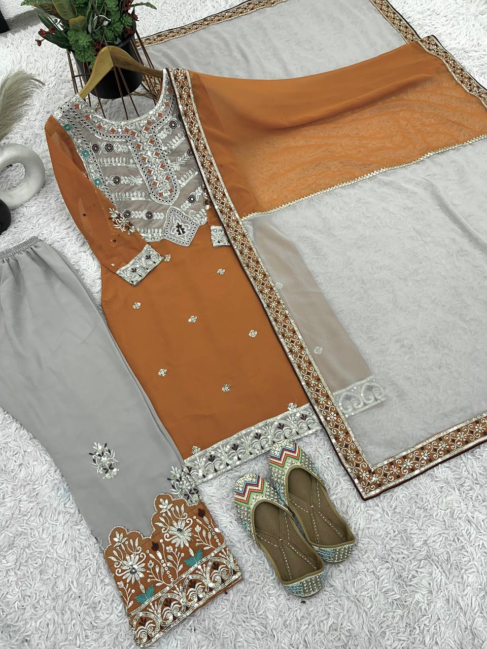 Burnt Orange and Grey Embroidered Palazzo Suit with Heavy Neck Patchwork and Dual-Tone Dupatta