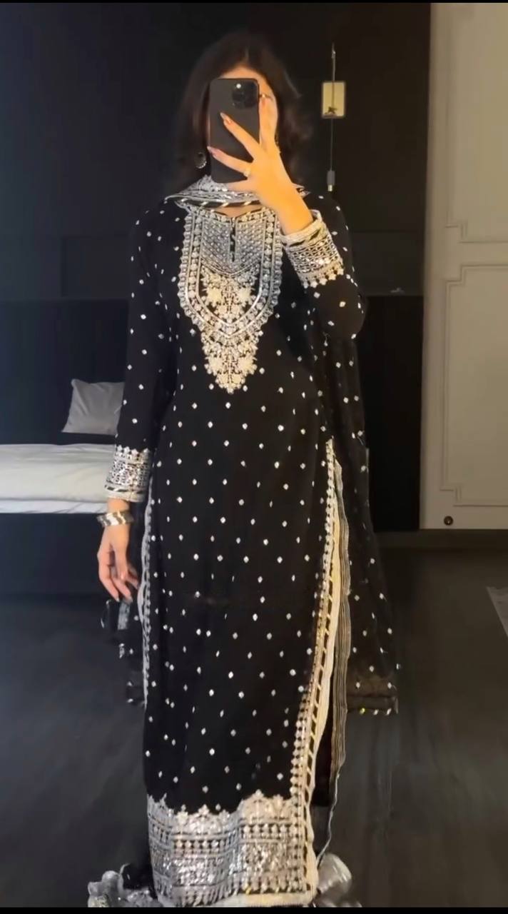 Heavy Embroidered Sharara Suit with Golden Mirror Work