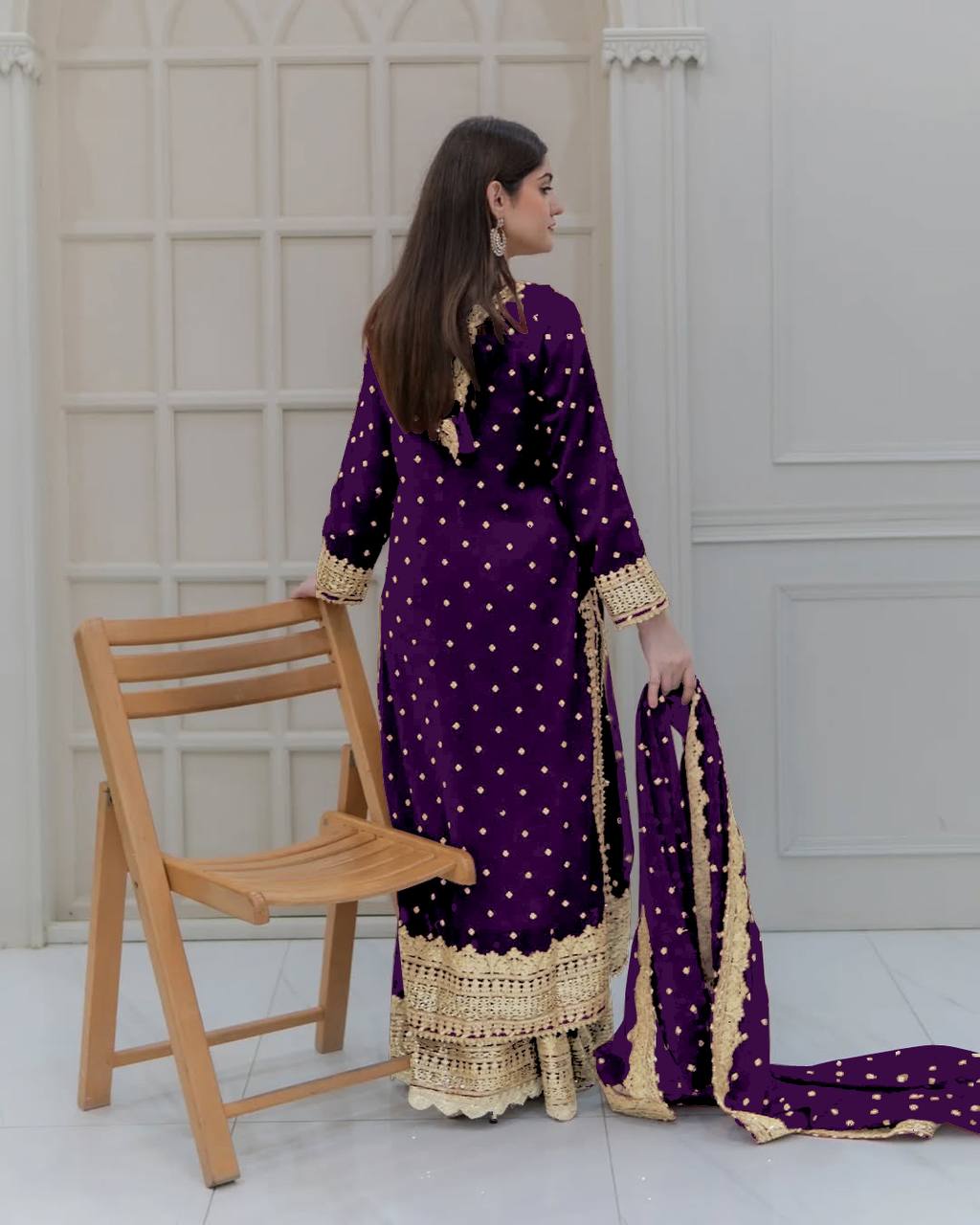 Heavy Embroidered Sharara Suit with Golden Mirror Work