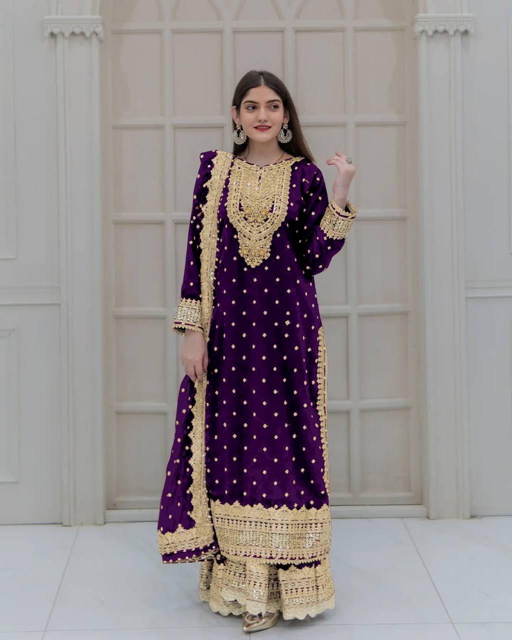 Heavy Mirror Embroidered Sharara Suit with Silver Zari Detailing