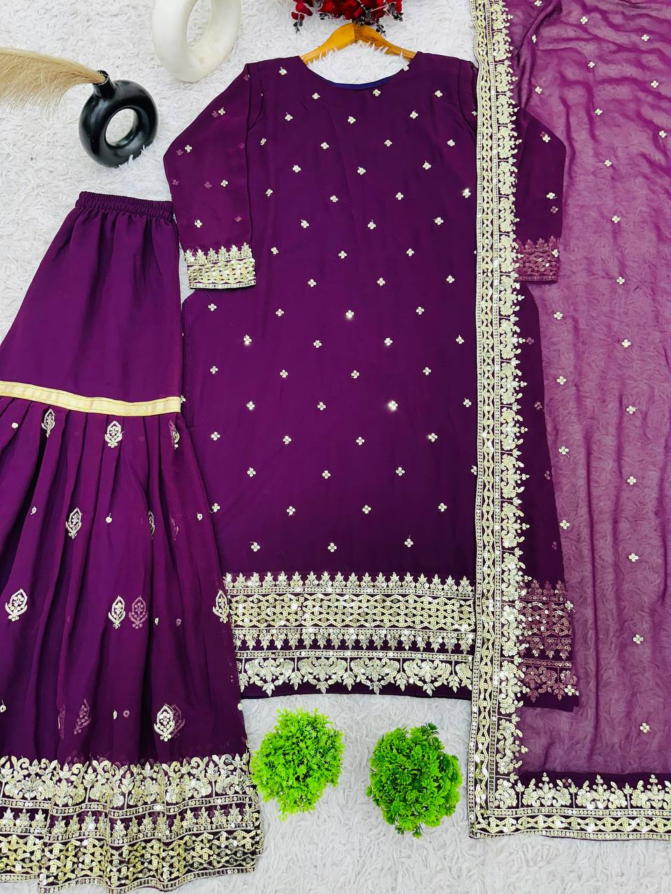 Heavy Embroidered Sharara Suit with Golden Mirror Work