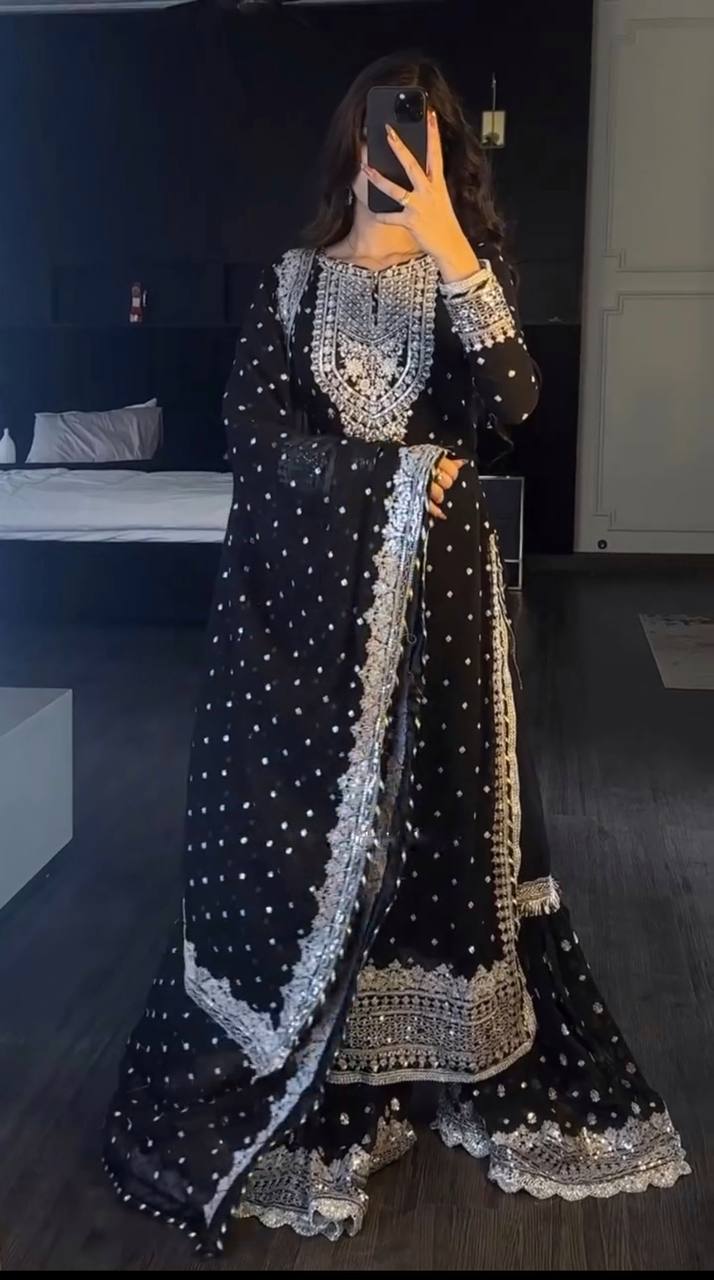 Heavy Embroidered Sharara Suit with Golden Mirror Work