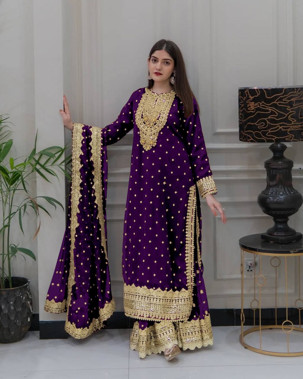 Heavy Embroidered Sharara Suit with Golden Mirror Work