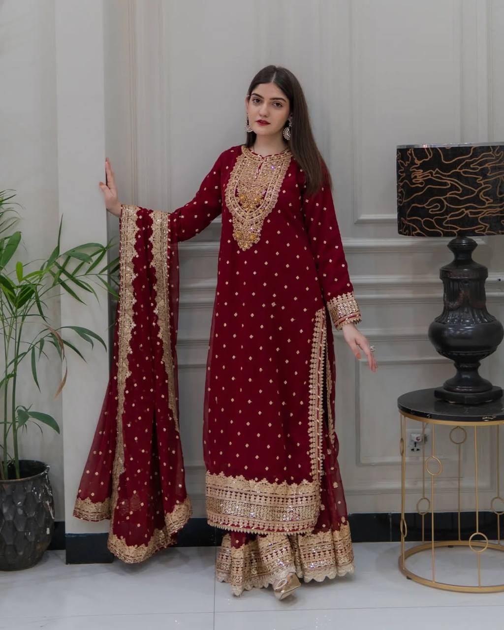 Heavy Embroidered Sharara Suit with Golden Mirror Work