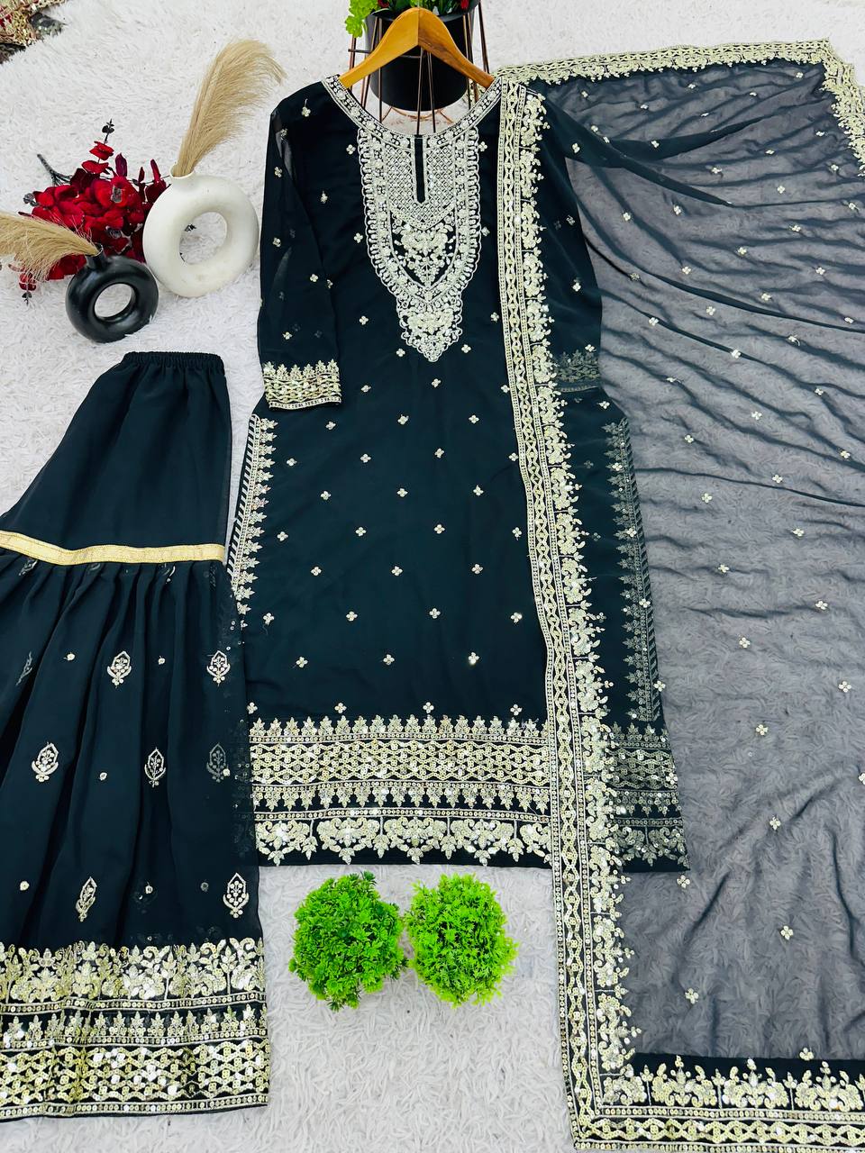 Heavy Embroidered Sharara Suit with Golden Mirror Work