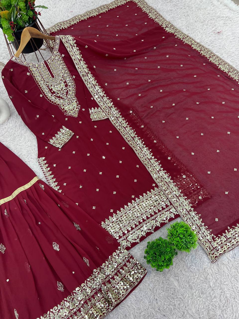 Heavy Embroidered Sharara Suit with Golden Mirror Work