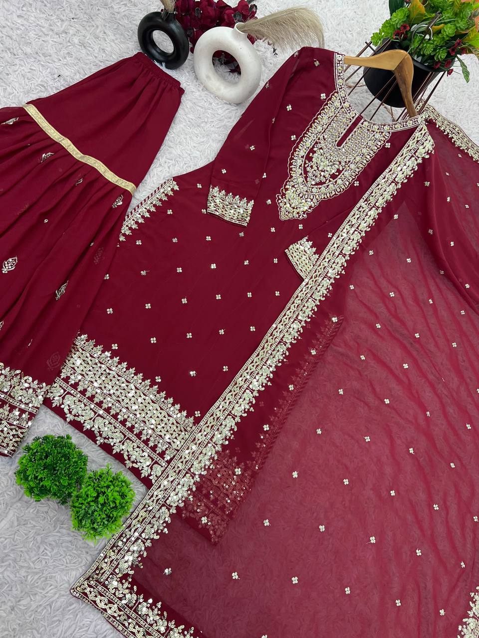 Heavy Embroidered Sharara Suit with Golden Mirror Work