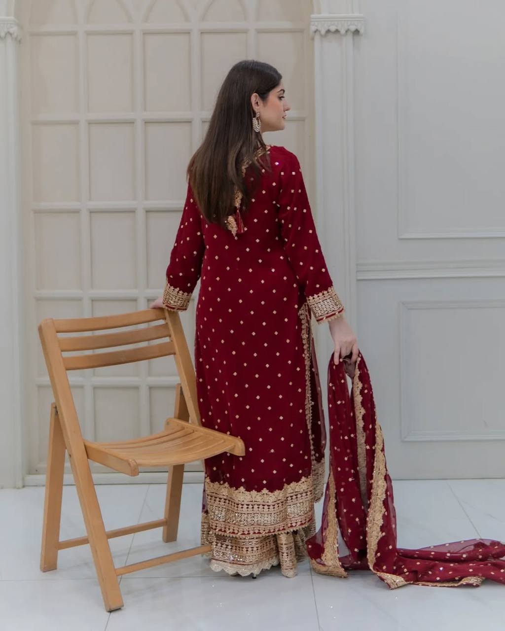Heavy Embroidered Sharara Suit with Golden Mirror Work