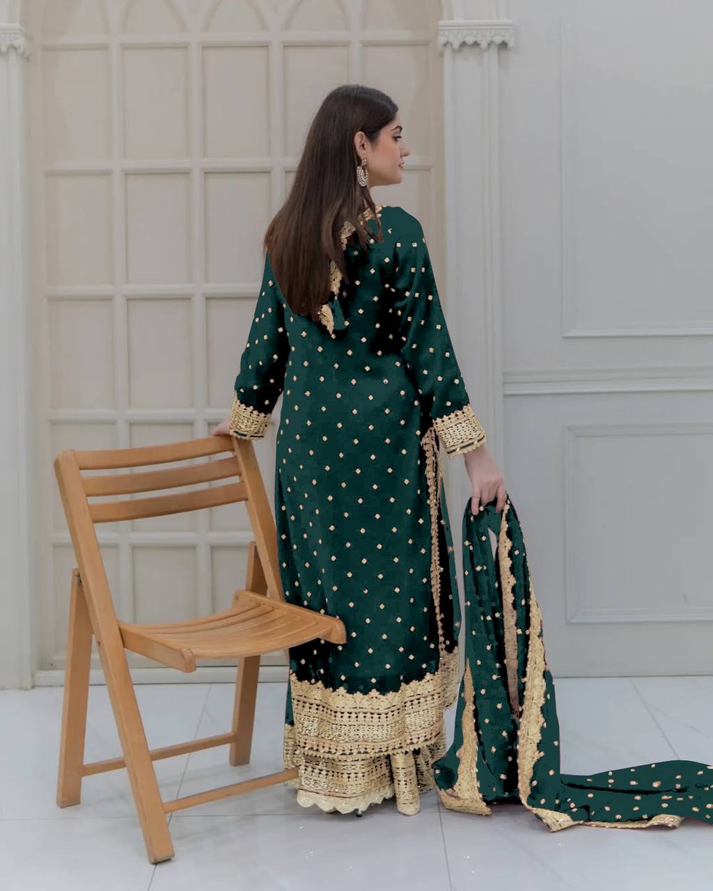 Heavy Mirror Embroidered Sharara Suit with Silver Zari Detailing