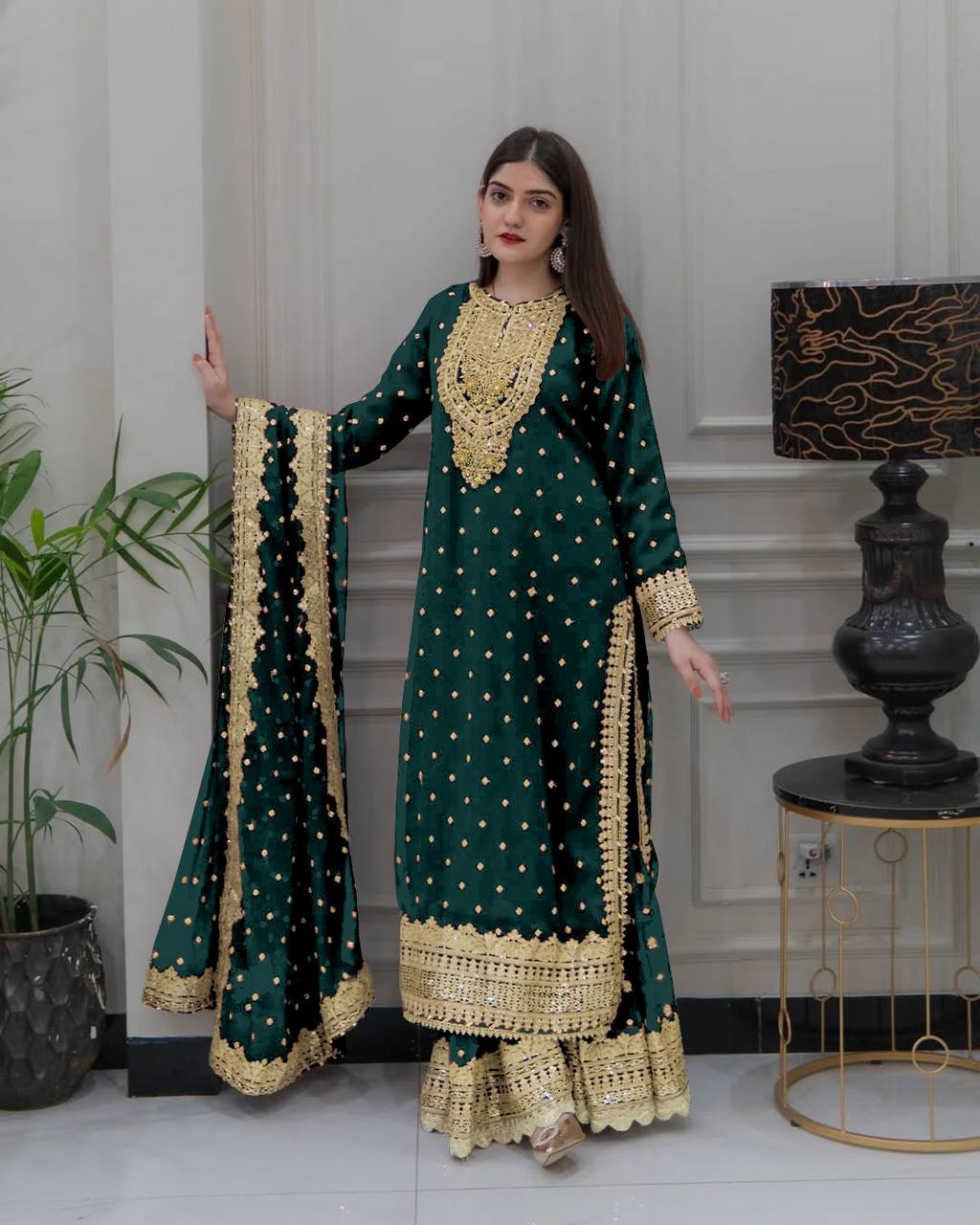 Heavy Mirror Embroidered Sharara Suit with Silver Zari Detailing