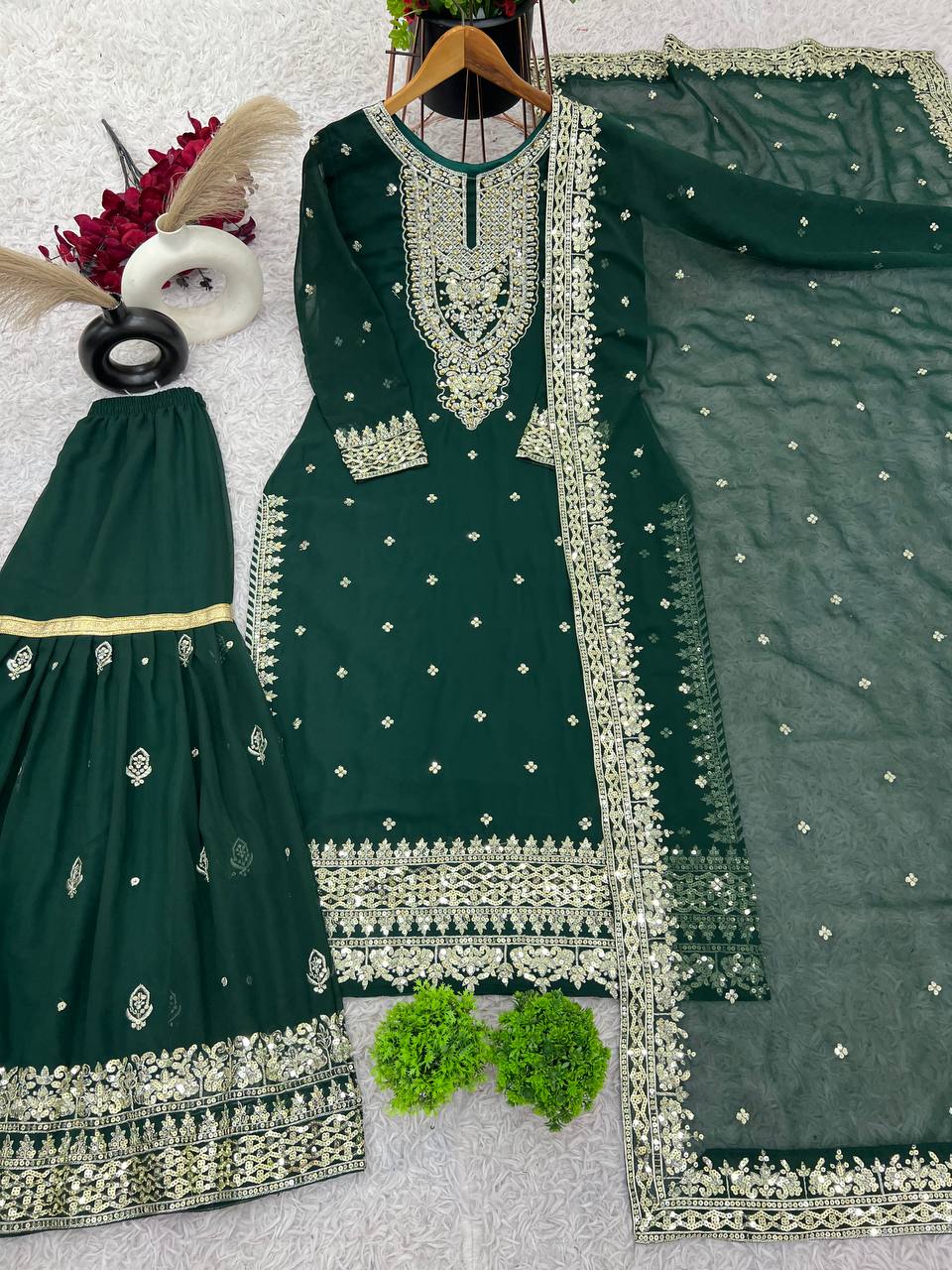Heavy Mirror Embroidered Sharara Suit with Silver Zari Detailing