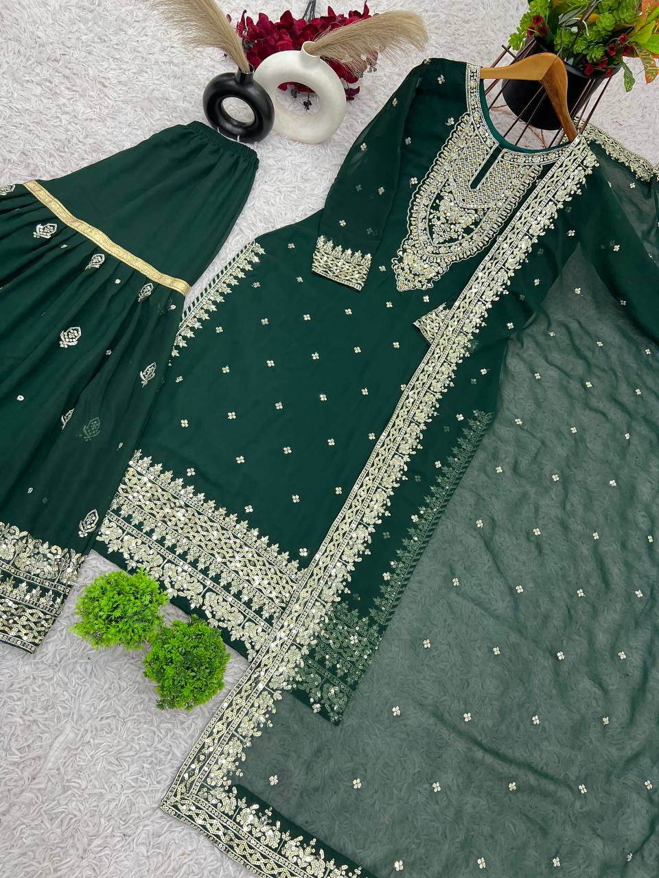 Heavy Mirror Embroidered Sharara Suit with Silver Zari Detailing
