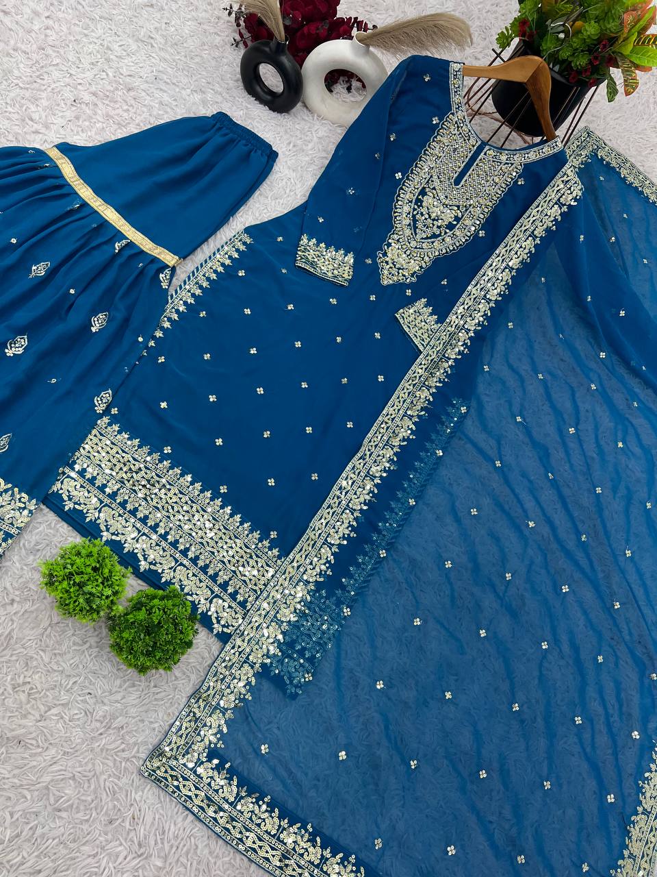 Heavy Mirror Embroidered Sharara Suit with Silver Zari Detailing