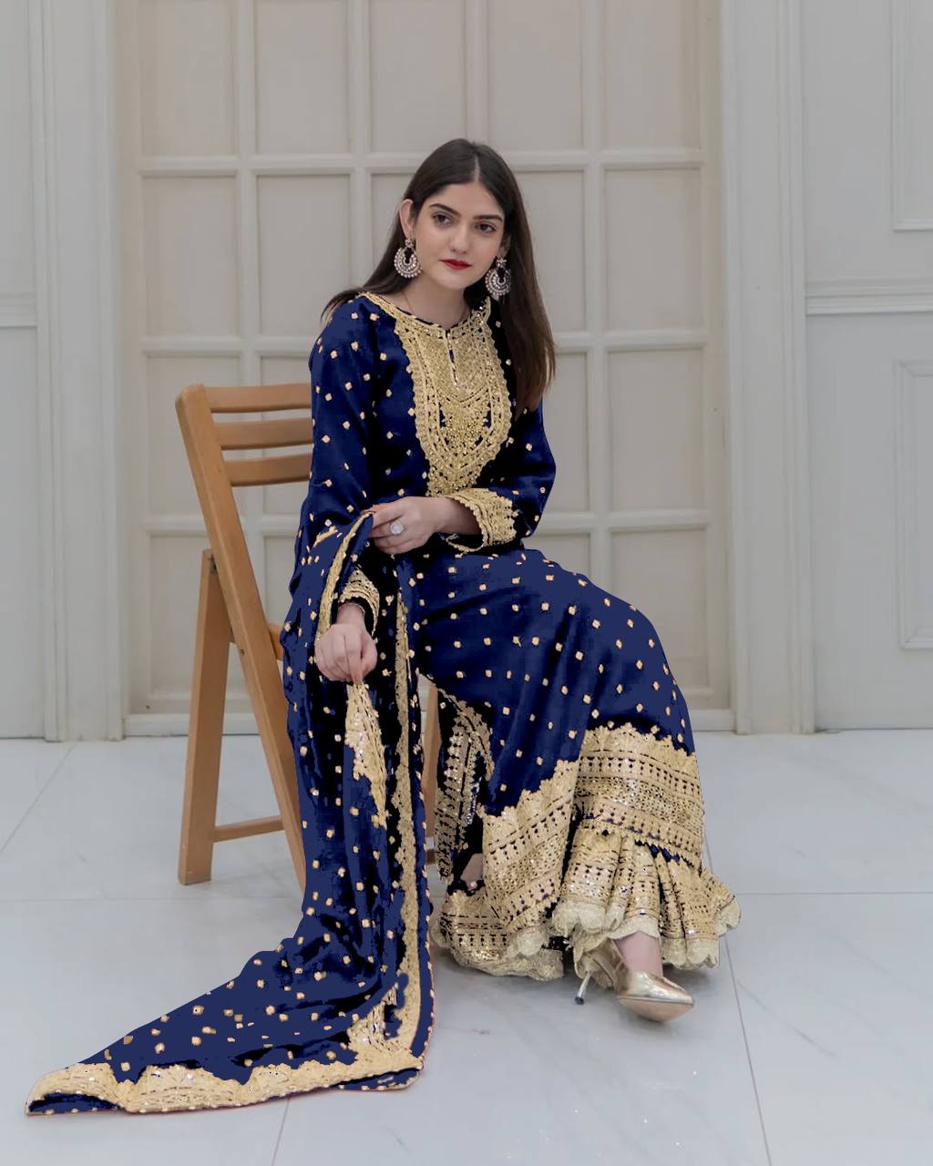 Heavy Mirror Embroidered Sharara Suit with Silver Zari Detailing