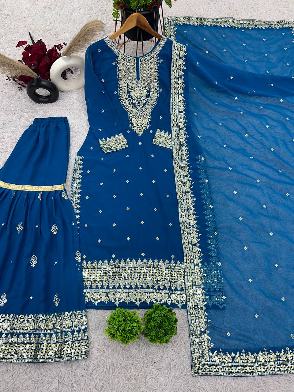 Heavy Mirror Embroidered Sharara Suit with Silver Zari Detailing