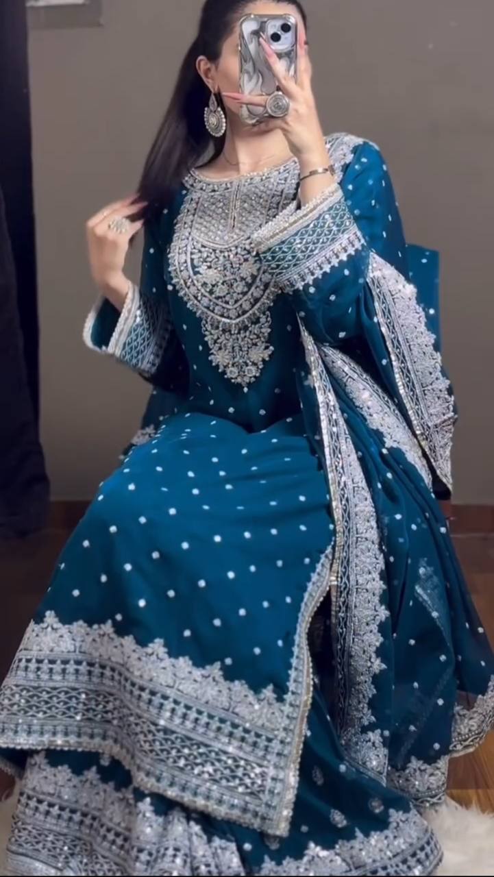 Heavy Mirror Embroidered Sharara Suit with Silver Zari Detailing