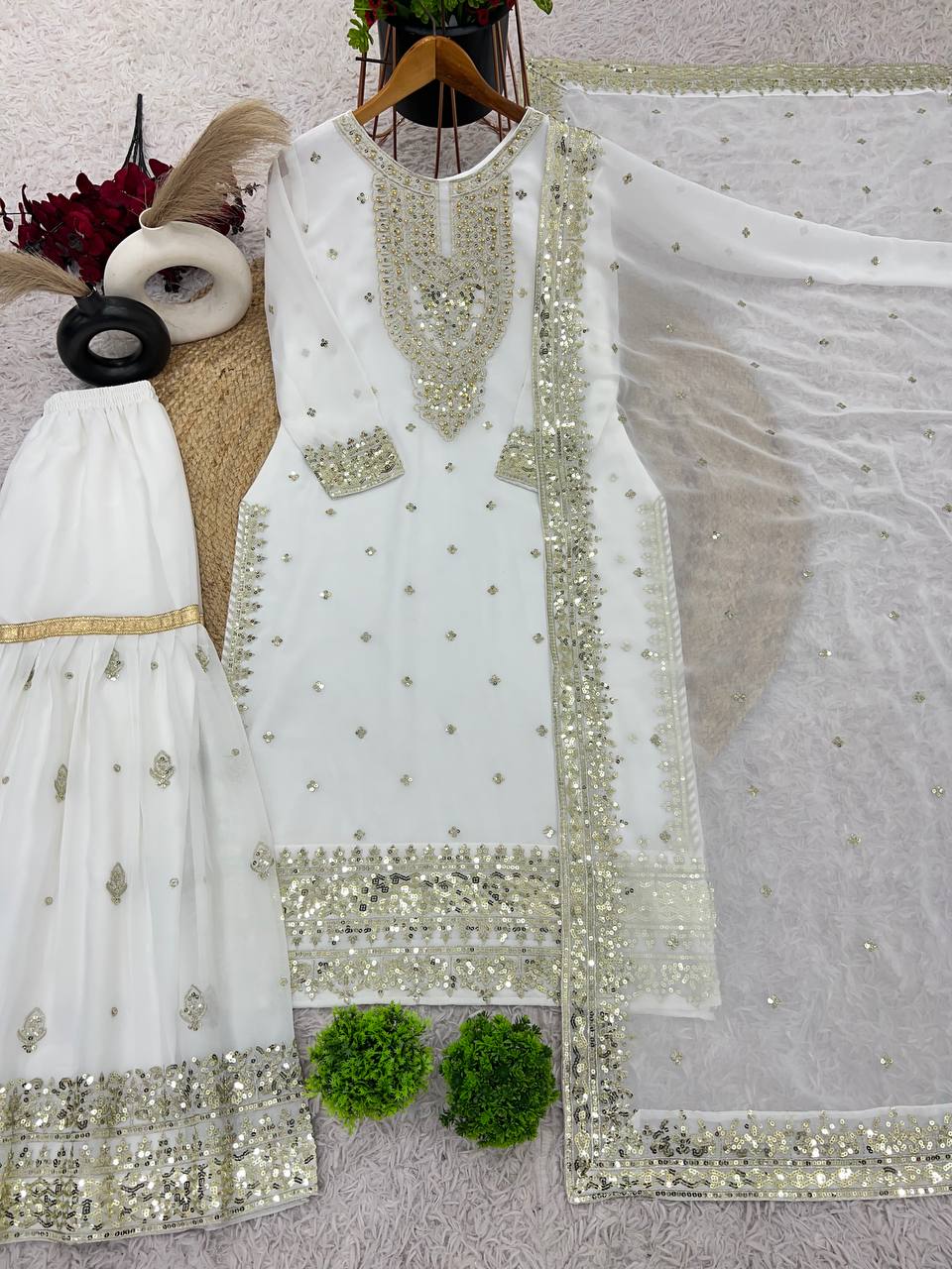 Heavy Mirror Embroidered Sharara Suit with Silver Zari Detailing