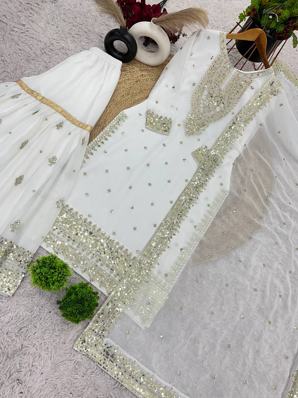 Heavy Mirror Embroidered Sharara Suit with Silver Zari Detailing
