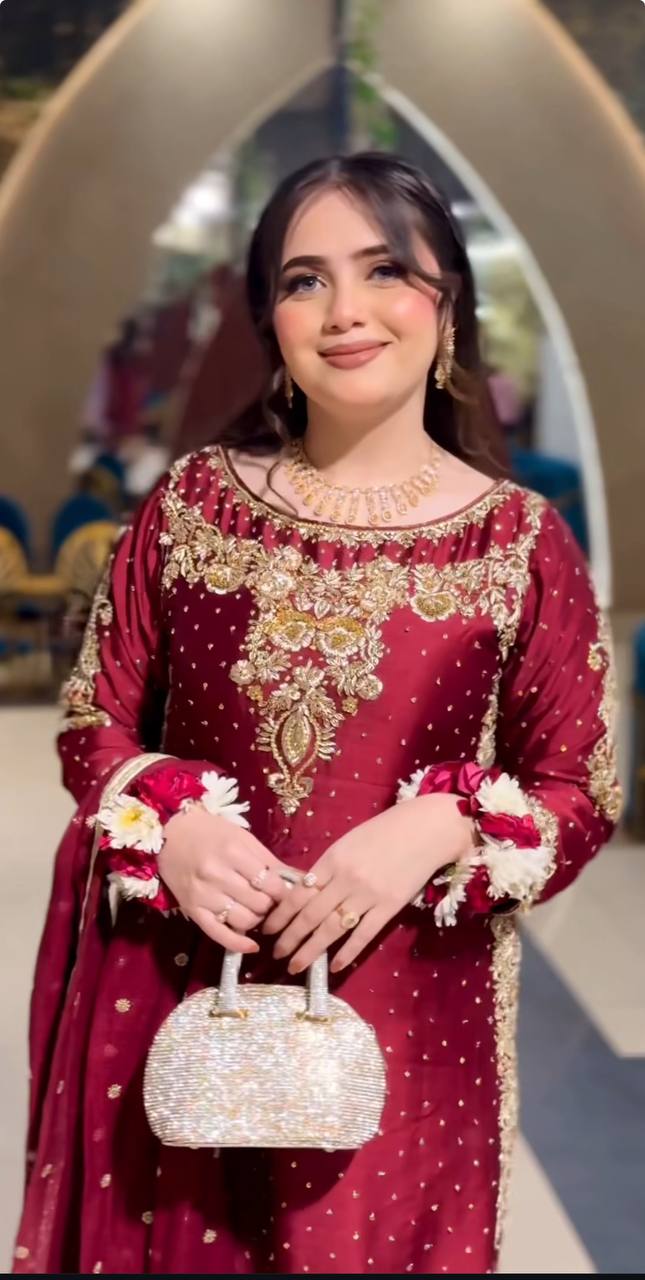Maroon Anarkali Style Embroidered Dress with Golden Zari and Mirror Detailing