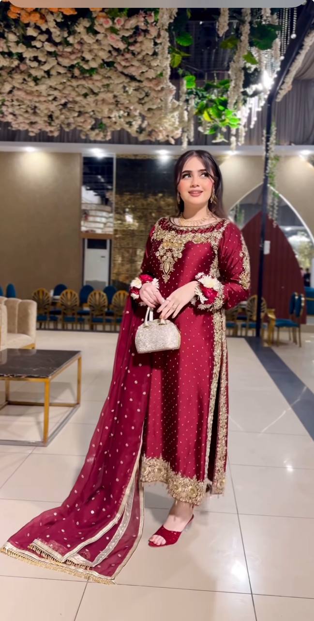 Maroon Anarkali Style Embroidered Dress with Golden Zari and Mirror Detailing