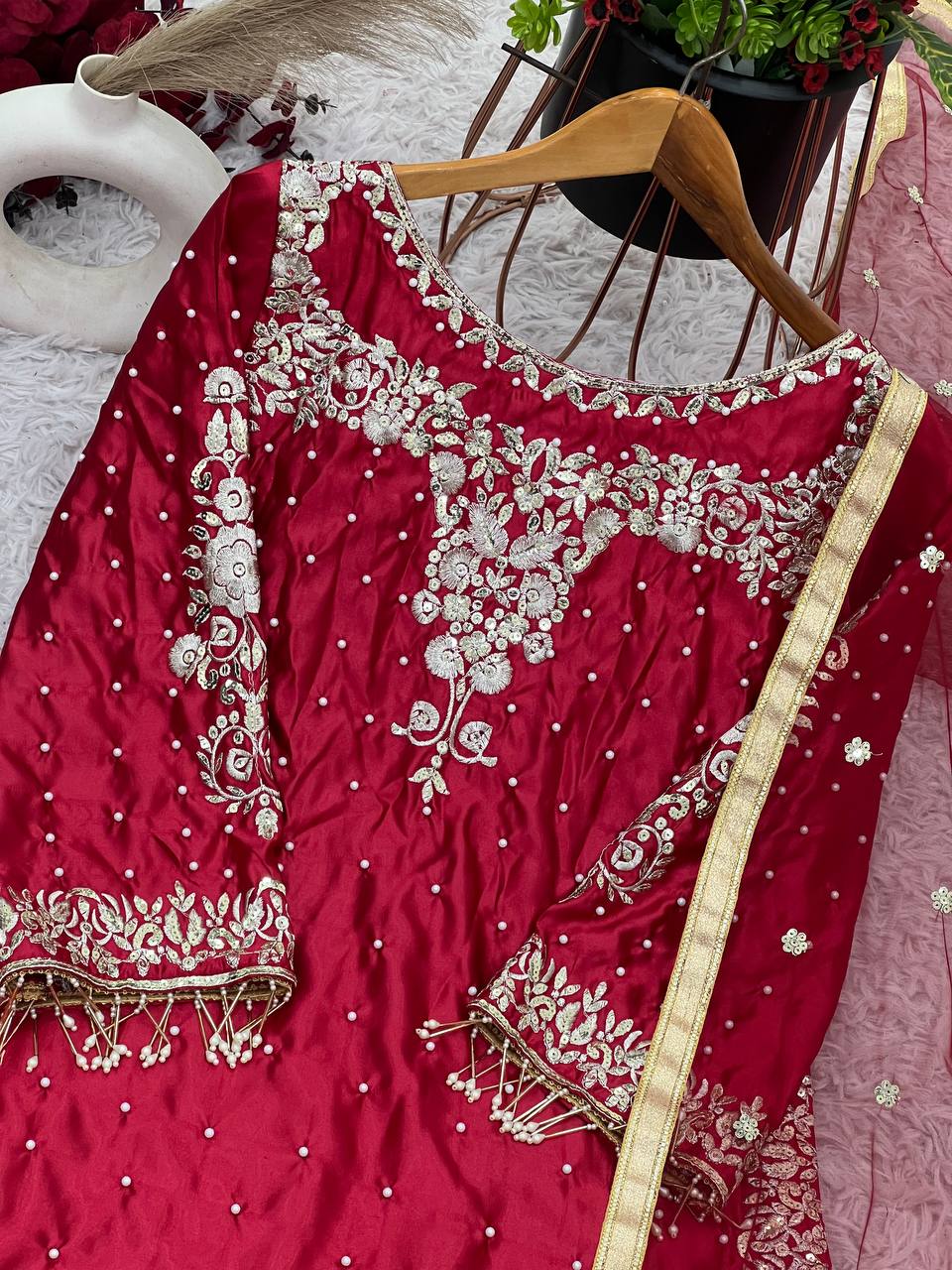 Maroon Anarkali Style Embroidered Dress with Golden Zari and Mirror Detailing