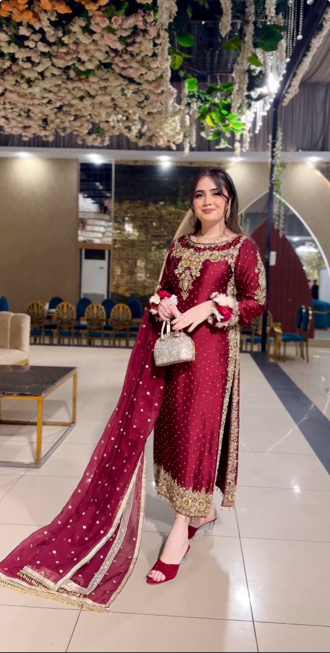 Maroon Anarkali Style Embroidered Dress with Golden Zari and Mirror Detailing