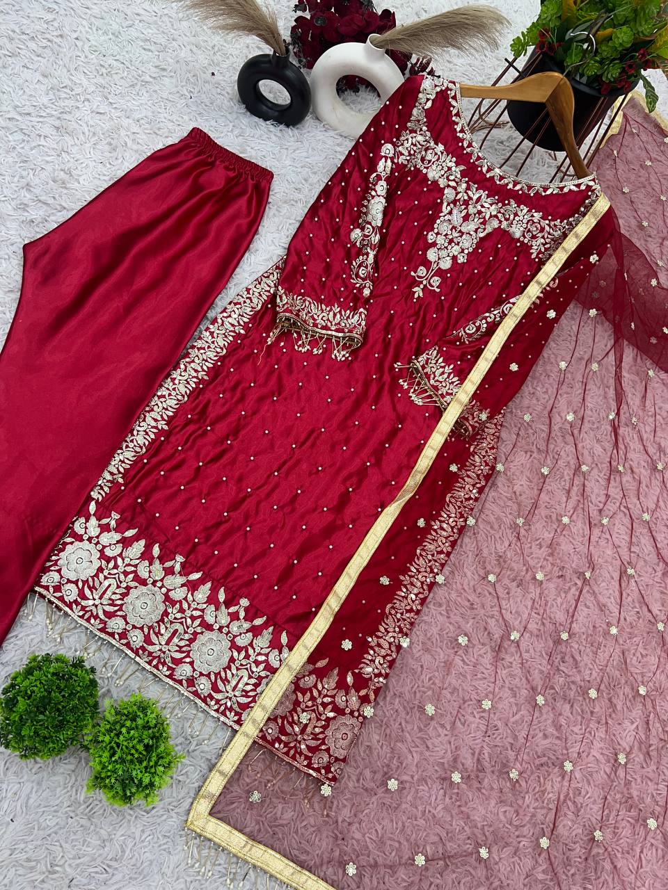 Maroon Anarkali Style Embroidered Dress with Golden Zari and Mirror Detailing