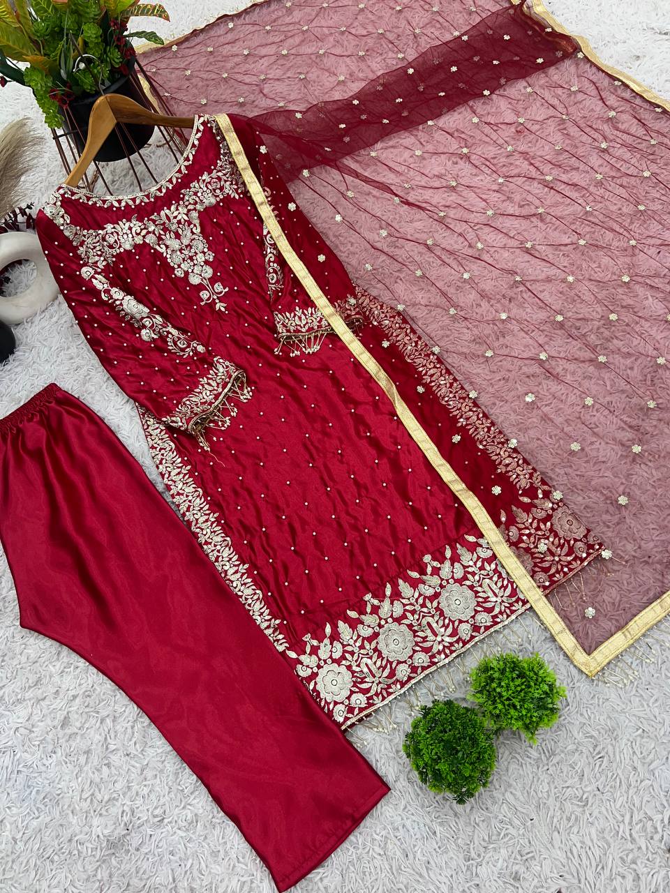Maroon Anarkali Style Embroidered Dress with Golden Zari and Mirror Detailing