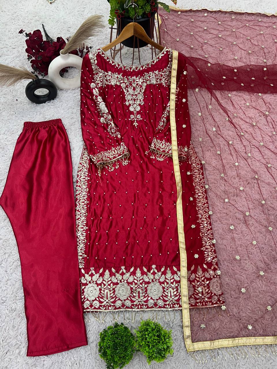 Maroon Anarkali Style Embroidered Dress with Golden Zari and Mirror Detailing