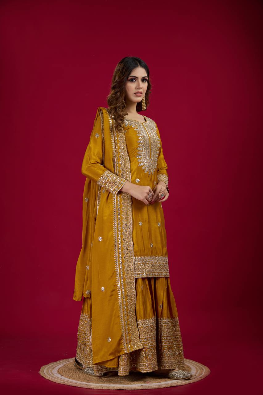 Heavy Embroidered Sharara Suit with Mirror Work and Zari Detailing