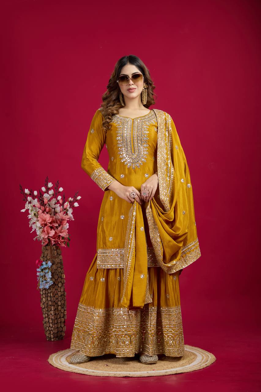 Heavy Embroidered Sharara Suit with Mirror Work and Zari Detailing