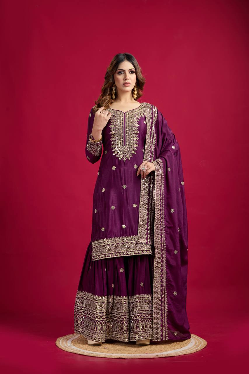 Heavy Embroidered Sharara Suit with Mirror Work and Zari Detailing