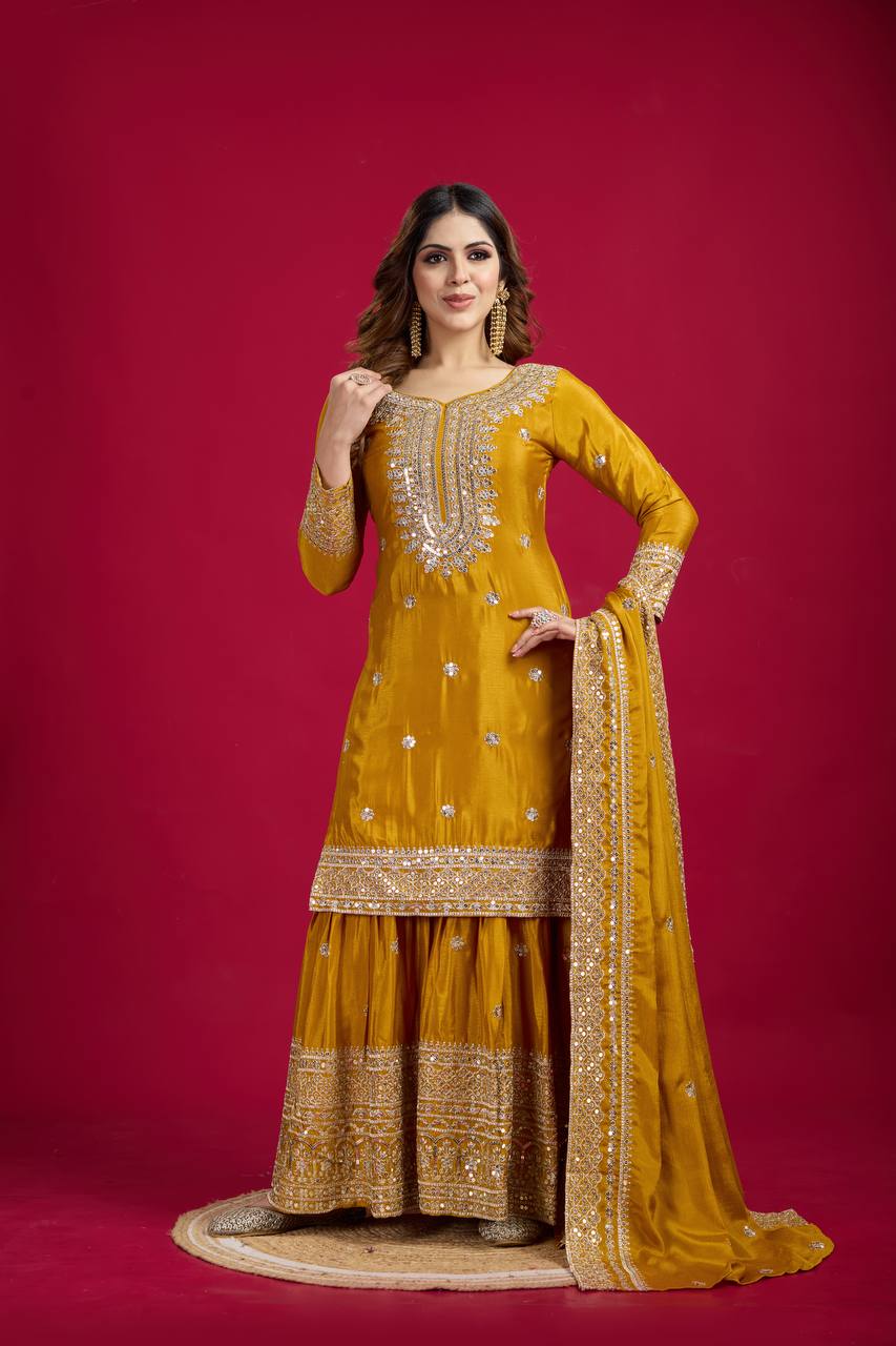 Heavy Embroidered Sharara Suit with Mirror Work and Zari Detailing