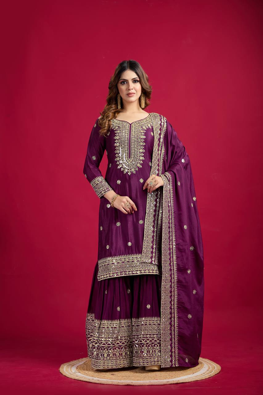 Heavy Embroidered Sharara Suit with Mirror Work and Zari Detailing