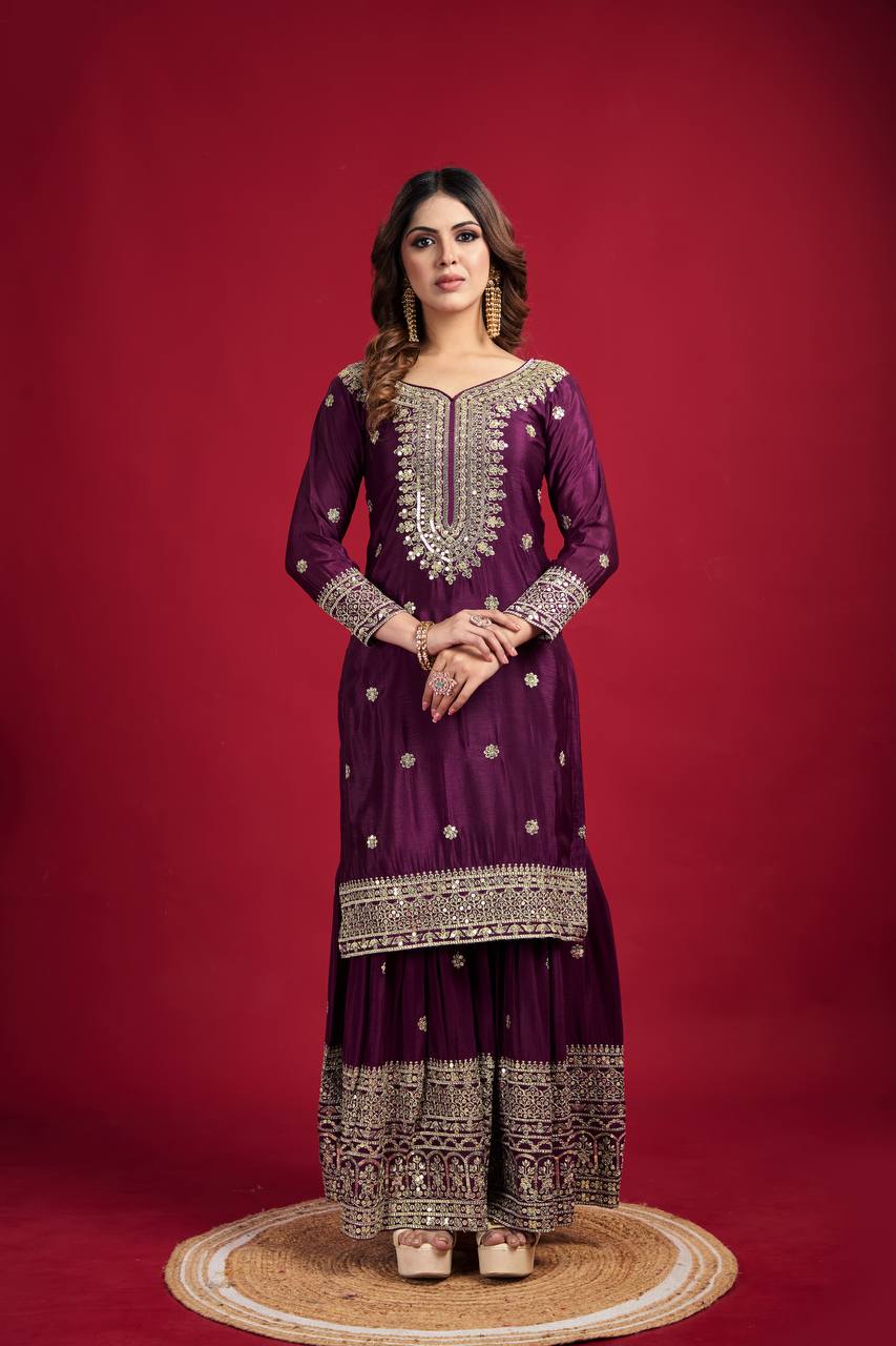 Heavy Embroidered Sharara Suit with Mirror Work and Zari Detailing
