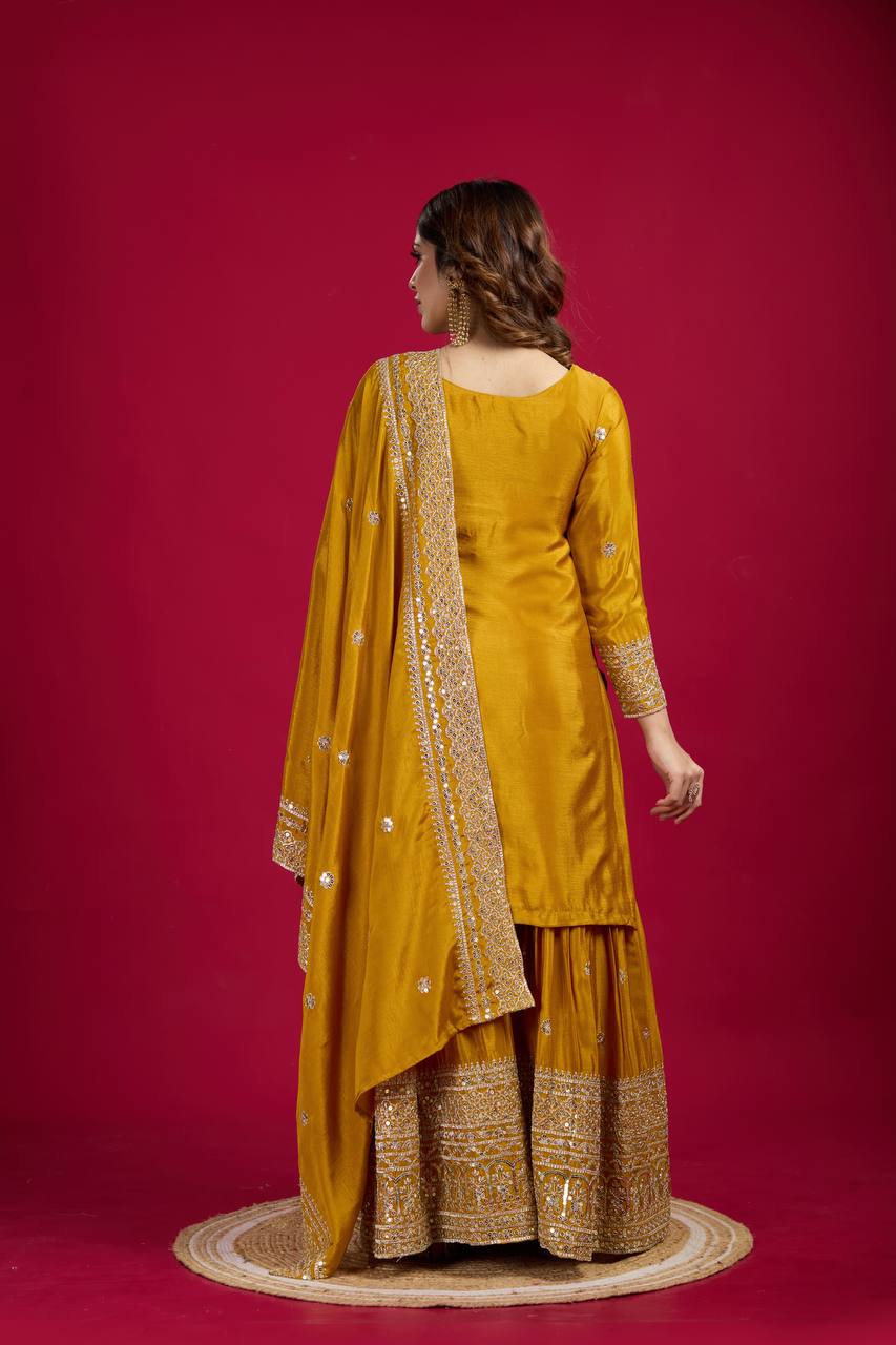 Heavy Embroidered Sharara Suit with Mirror Work and Zari Detailing