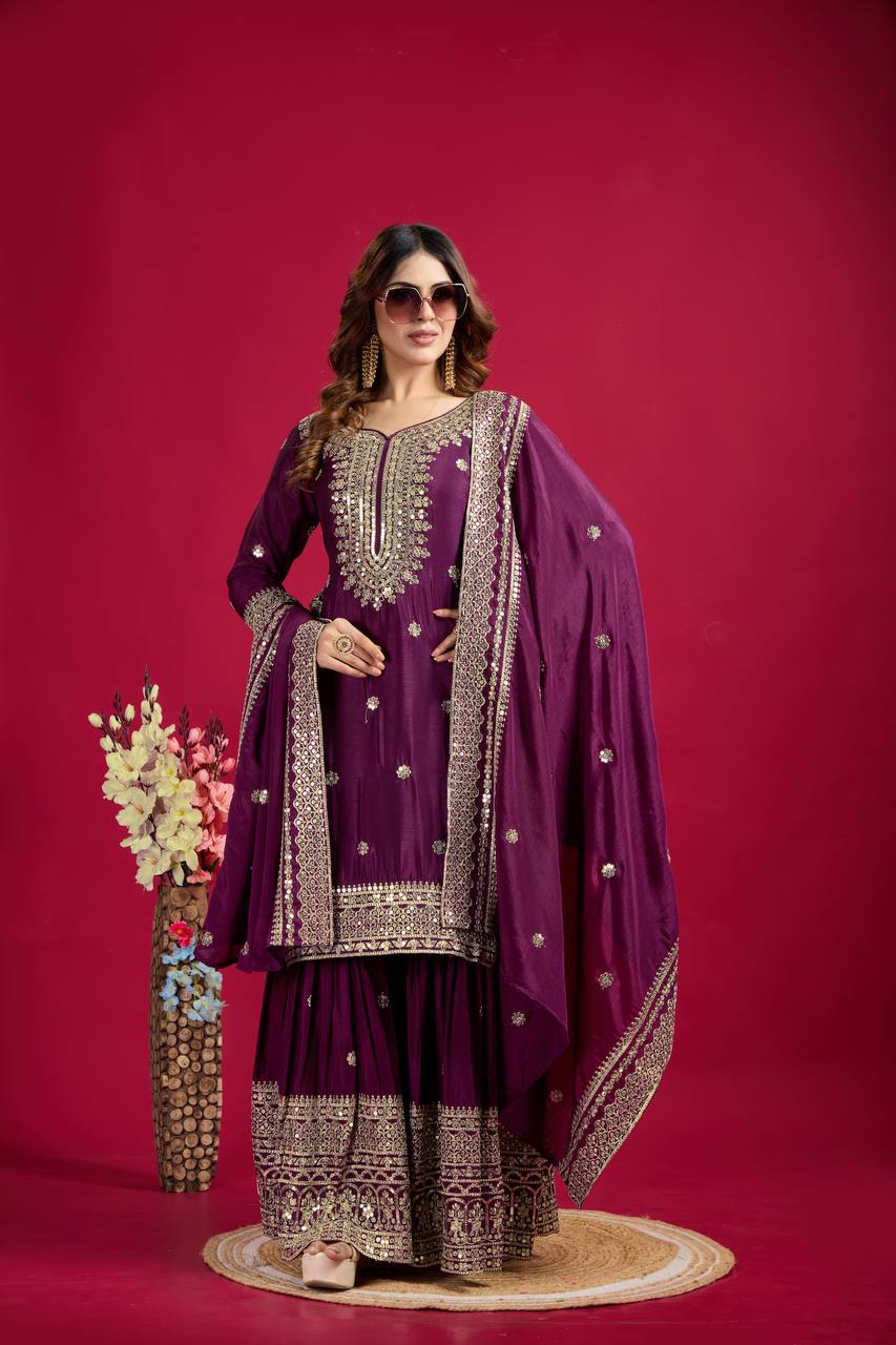Heavy Embroidered Sharara Suit with Mirror Work and Zari Detailing