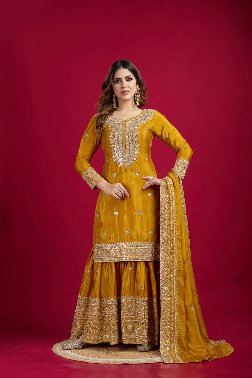 Heavy Embroidered Sharara Suit with Mirror Work and Zari Detailing