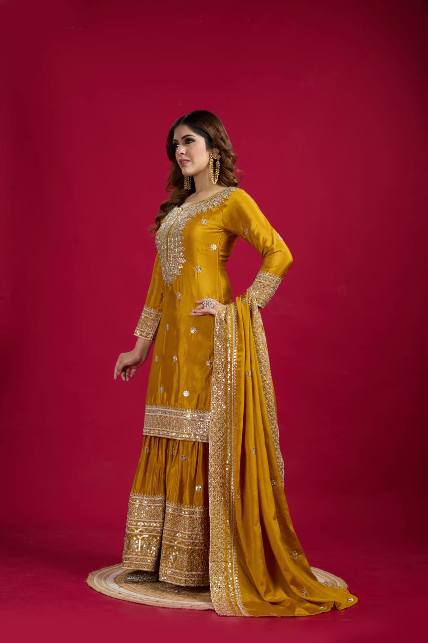 Heavy Embroidered Sharara Suit with Mirror Work and Zari Detailing