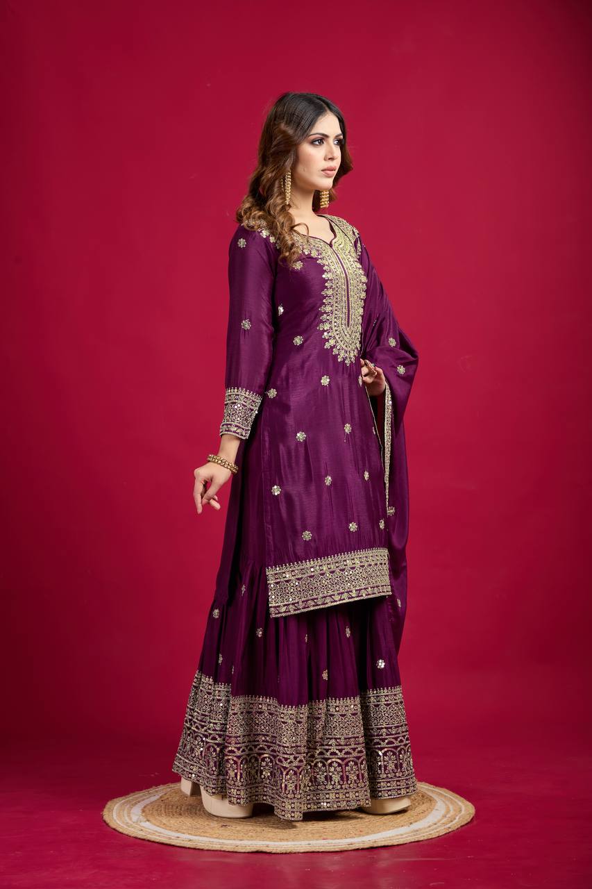 Heavy Embroidered Sharara Suit with Mirror Work and Zari Detailing